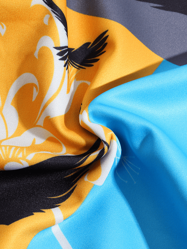 Mens Design Bird Print Colorblock Long Sleeve Hoodies with Kangaroo Pocket - MRSLM