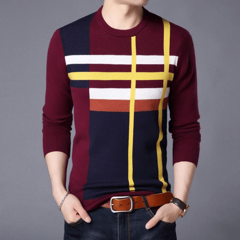 Men'S round Neck Striped Loose Long Sleeve Sweater - MRSLM