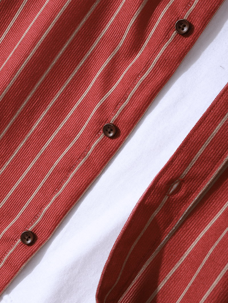 Men Corduroy Vertical Striped Button up Lapel Casual Shirt - MRSLM