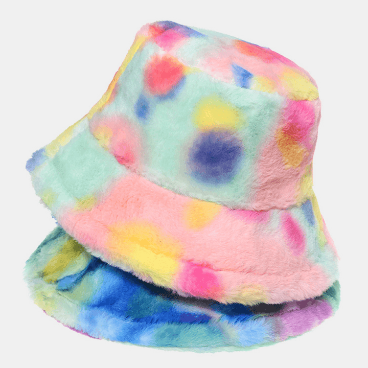 Women Colored Tie-Dye Fluffy Thicken Winter Warm Bucket Hat Faux Rabbit Fur Outdoor Casual Windproof Cool-Protection Hat - MRSLM