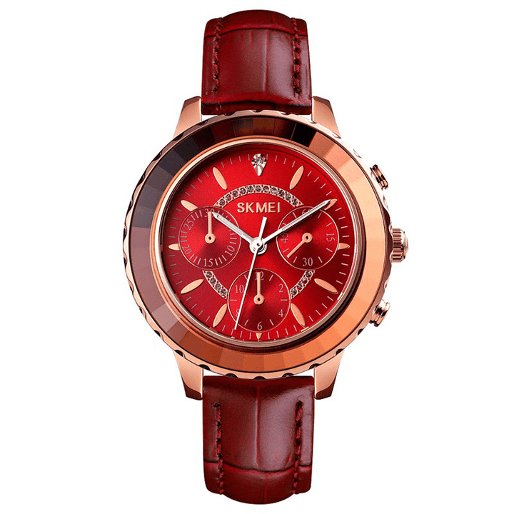 SKMEI 1704 Three Eyes Elegant Design Women Wrist Watch Ultra Thin Genuine Leather Band Quartz Watch - MRSLM