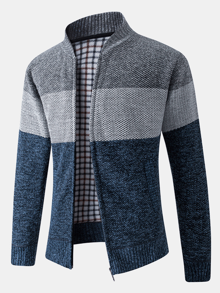 Mens Color Block Patchwork Rib-Knit Zip Front Cotton Cardigans with Pocket - MRSLM