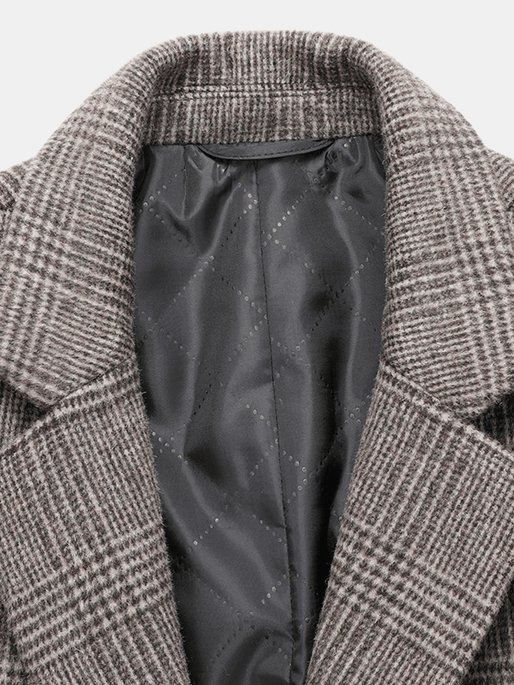 Mens Houndstooth Woolen Single-Breasted Lapel Mid-Length Overcoat - MRSLM