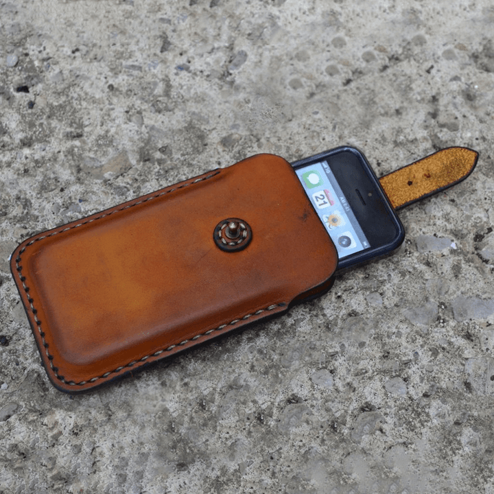Men Genuine Leather Retro Solid 6.3 Inch Phone Bag Waist Bag - MRSLM