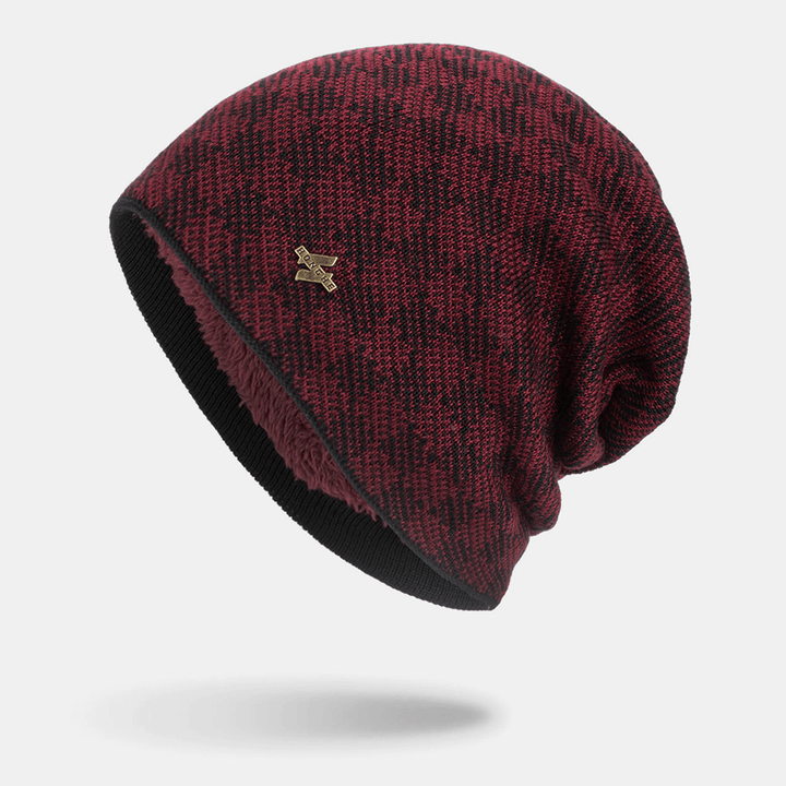 Men Knitted plus Velvet Lattice Jacquard Letter Iron Label Brimless Beanie Hat - MRSLM