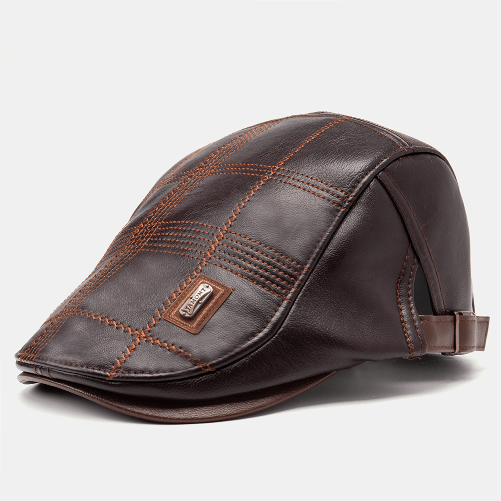 Collrown Men Faux Leather Stripe Pattern Vintage Solid Color Forward Hat Beret Hat - MRSLM