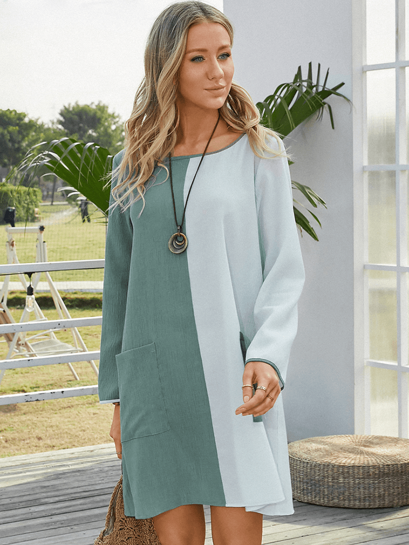 Women Contrast Color O-Neck Long Sleeve Casual Dress with Pocket - MRSLM
