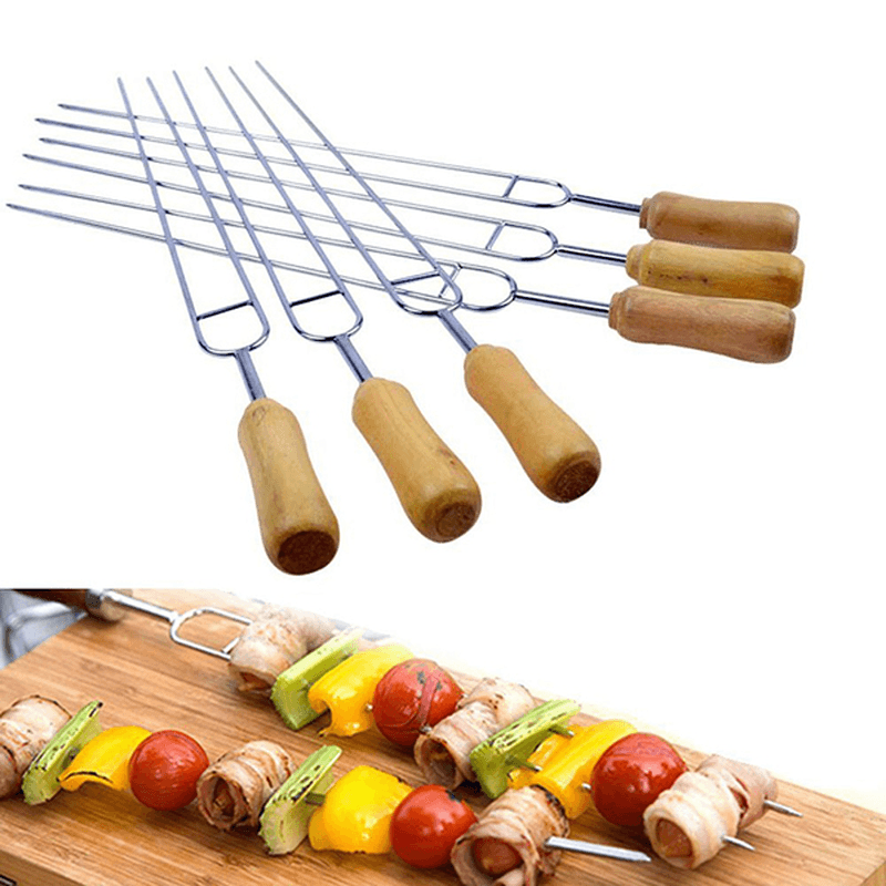 6 Pieces 15.2 Inches U Shape Stainless Steel Barbecue Skewer Wooden Handle BBQ Roast Needle Sticks - MRSLM