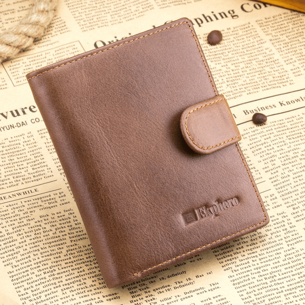Ekphero Men Bifold Short Wallet Vintage Genuine Leather Multi-Card Slot Card Holder Hasp Coin Bag - MRSLM