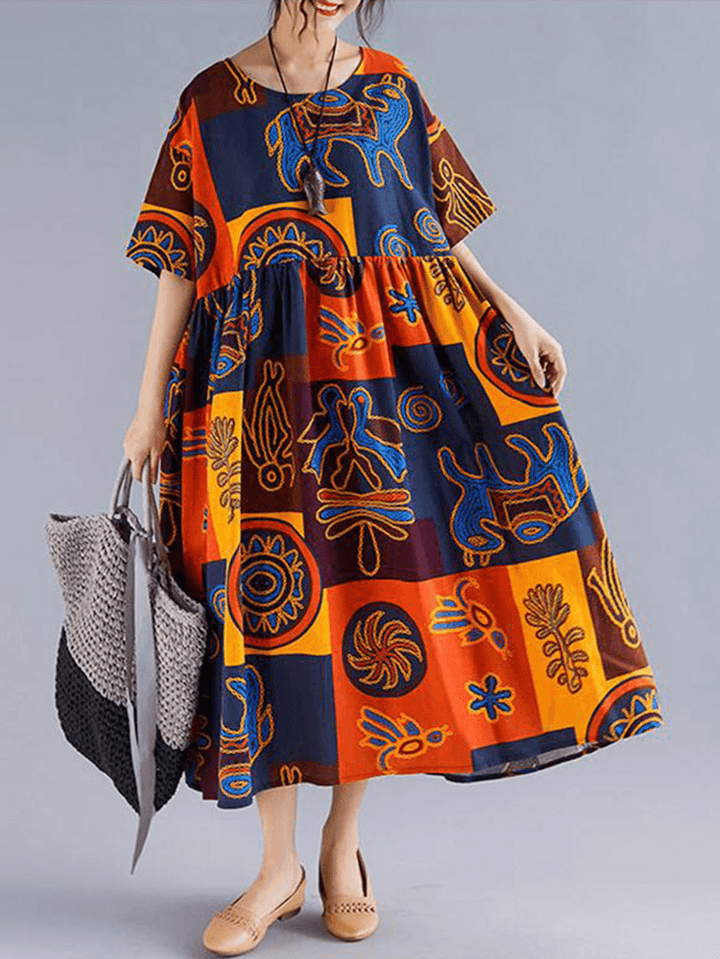 Women Retro Folk Style Print Loose O-Neck Short Sleeve Dress - MRSLM