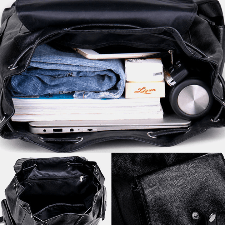 Men Retro Faux Leather Large Capacity Waterproof School Bag Travel Backpack - MRSLM