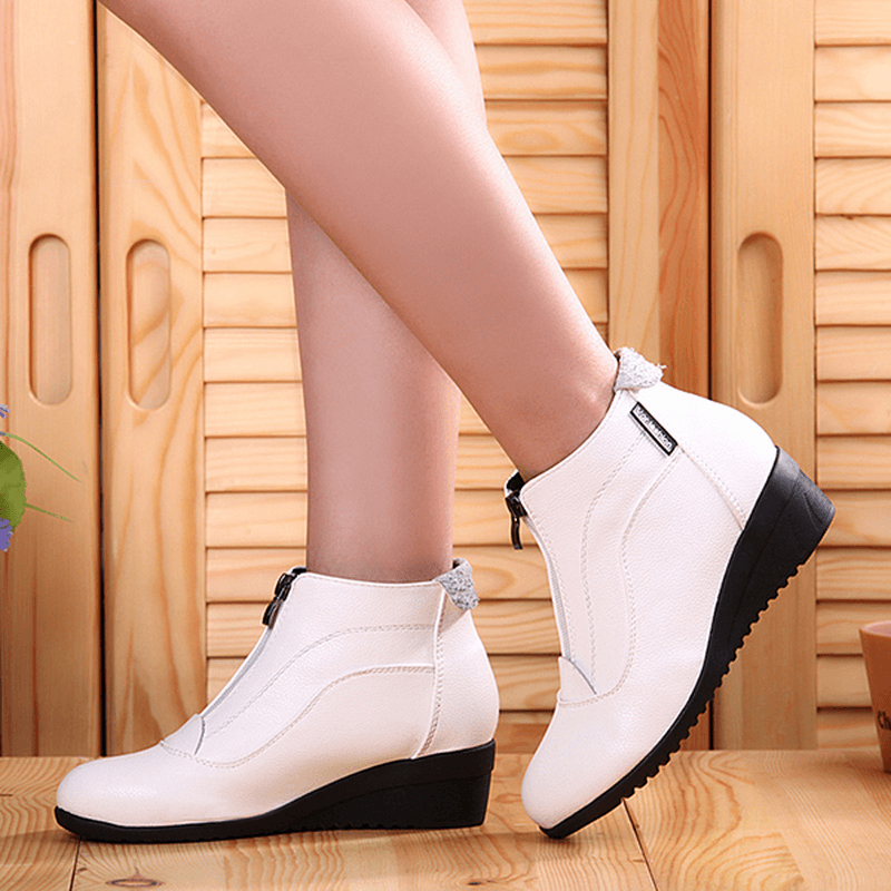Front Zipper Wedges Fur Lining Casual Leather Boots - MRSLM