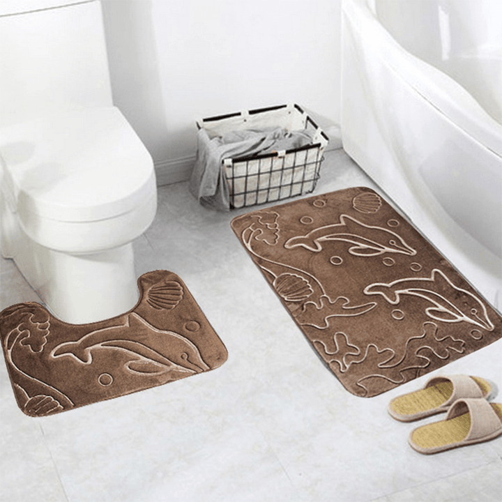 2Pcs 3D Dolphin Flannel Toilet Lid Bath Rugs Soft Floor Home anti Slip Shower Carpets Bathroom Mat Set - MRSLM