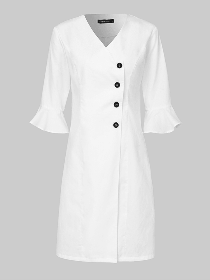 V-Neck Oblique Placket Design Bell Sleeve Casual Dress - MRSLM