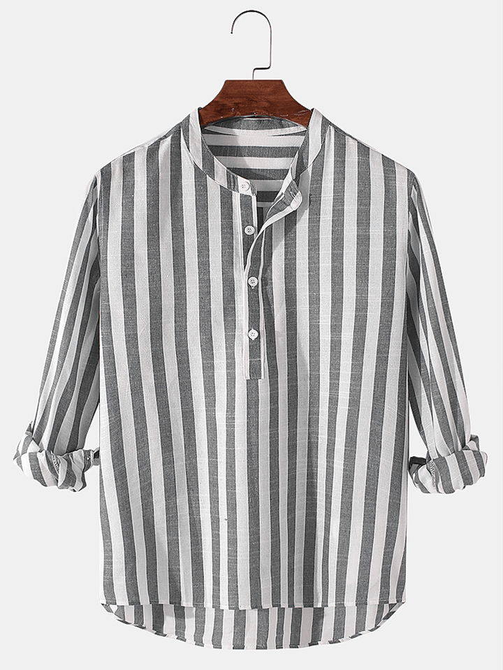 Mens Basic Striped Cotton High Low Hem Stand Collar Casual Long Sleeve Henley Shirts - MRSLM