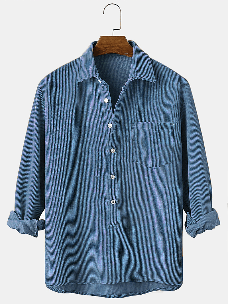 Corduroy Solid Henley Collar Chest Pocket Long Sleeve Shirts - MRSLM