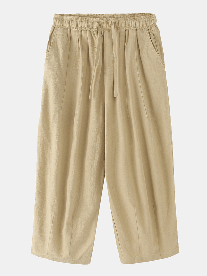Mens Vintage Solid Color Drawstring Pocket Loose Casual Calf Length Pants - MRSLM