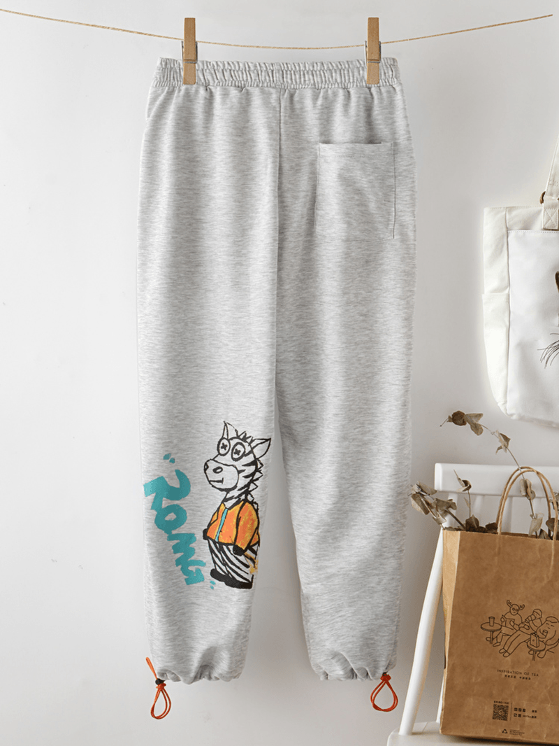 Cartoon Animal Print Drawstring Pocket Elastic Waist Casual Pants for Women - MRSLM