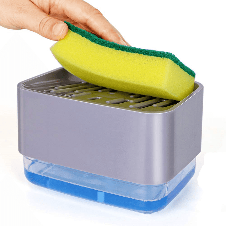 2 in 1 Liquid Soap Pump Dispenser ABS Kitchen Sponge Holder Press Countertop Rack - MRSLM