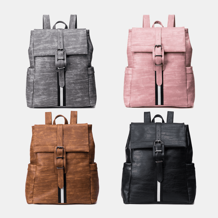 Women Faux Leather Retro Waterproof Large Capacity Backpack 15.6 Inch Laptop Bag - MRSLM