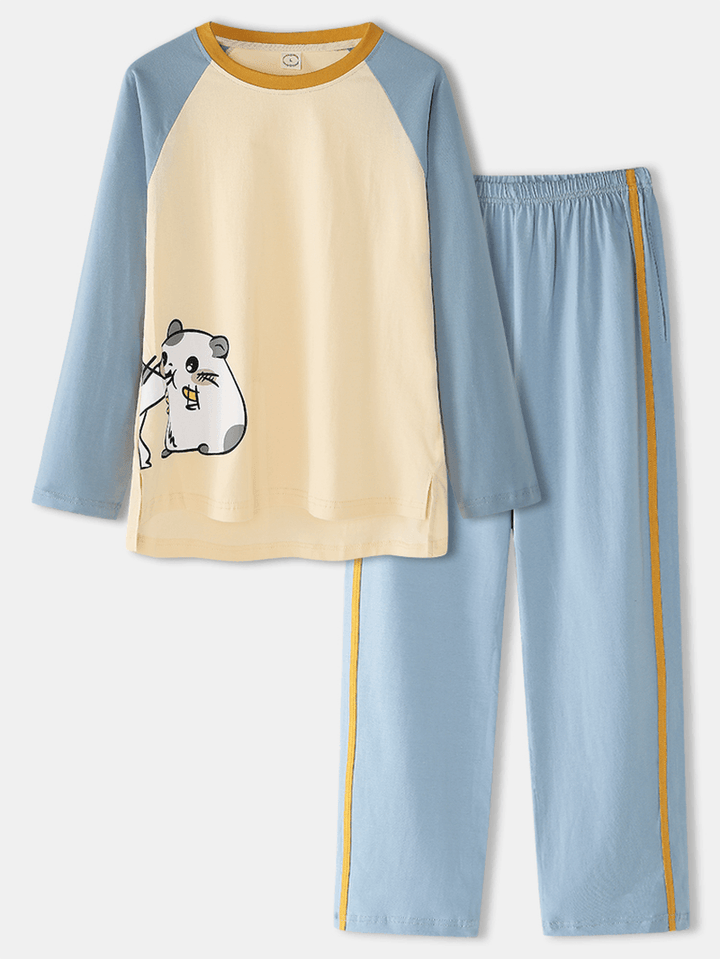 Women Cotton Cartoon Animal Print Raglan Sleeve Pullover Elastic Waist Home Pajama Set with Pocket - MRSLM