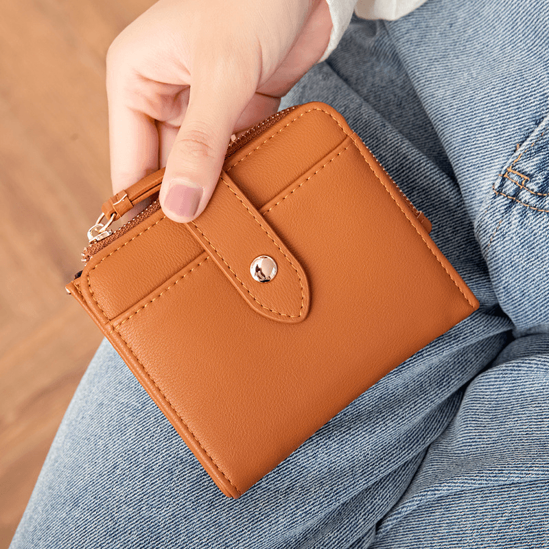 Women PU Leather Bifold Hasp Multi-Card Slot Retro Short Card Holder Clutch Wallets with Wrist Strap - MRSLM