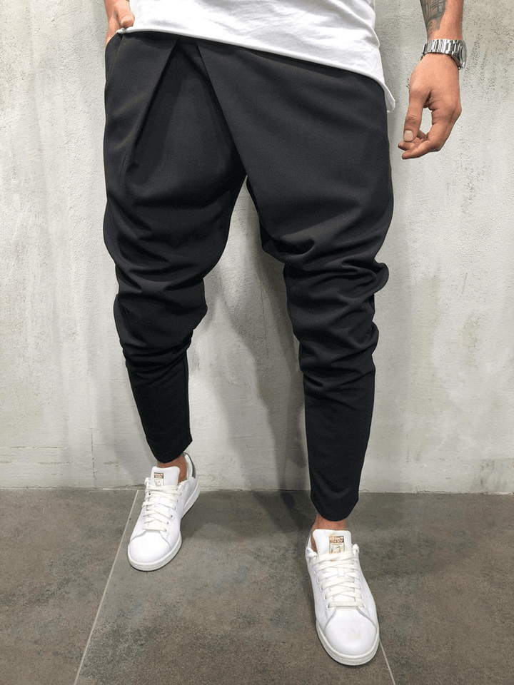 Men's Casual Pants with Drawstring Waist and Asymmetrical Hem - MRSLM