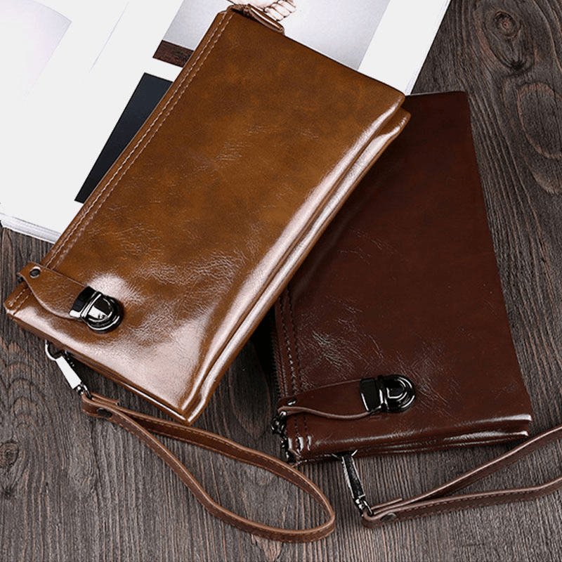 Men Faux Leather Anti-Theft Retro Business 6.3 Inch Phone Bag Hand Carry Wallet Clutch Bag with Wrist Strap - MRSLM