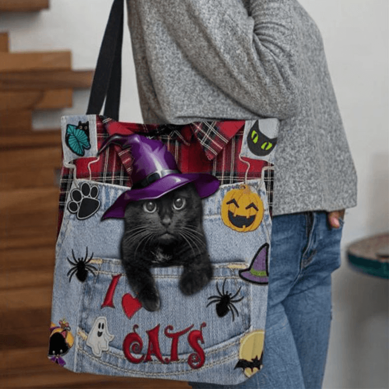Women Canvas Magic Hat Three-Dimensional 3D Cute Black Cat Handbag Tote Shoulder Bag - MRSLM