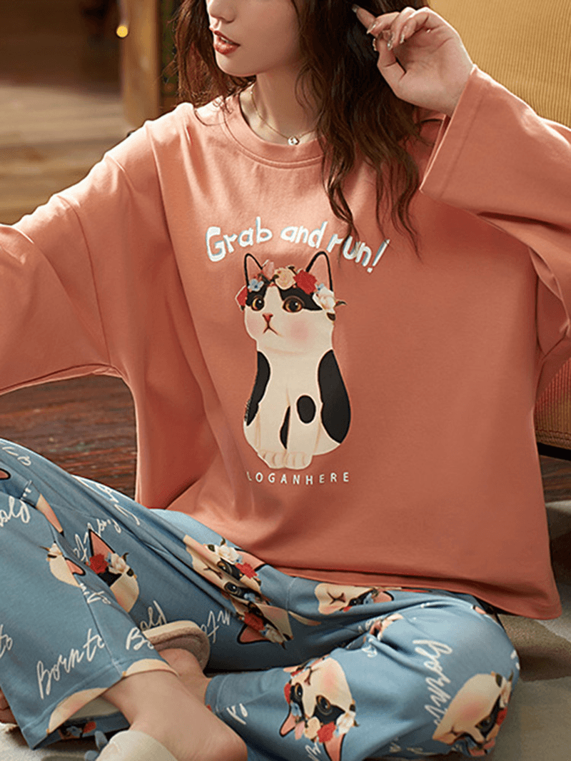 Women Cute Cat Pattern Letter Print Long Sleeve Pullover & Loose Pants Home Two Piece Pajama Set - MRSLM