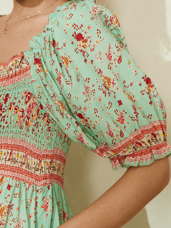 Women Ditsy Floral Print Shirred Detail Half Sleeve Vintage Midi Dresses - MRSLM