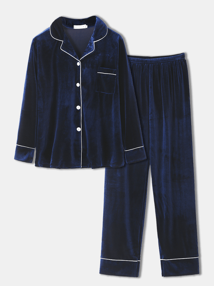 Women plus Size Velvet Lapel Button Loose Straight Pants Homewear Lounge Solid Pajamas Set - MRSLM