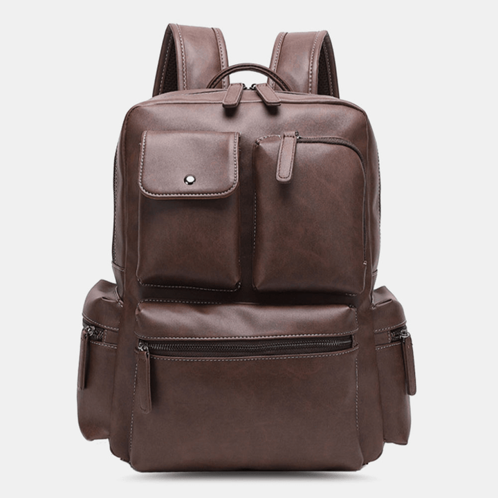 Men PU Leather Multi-Pocket Breathable Backpack Retro Large Capacity 14 Inch Laptop Bag - MRSLM
