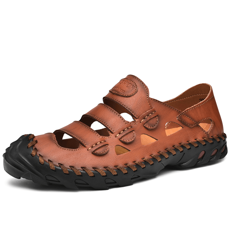 Men Cowhide Breathable Hollow Out Hand Stitching Soft Bottom Slip on Casual Outdoor Sandals - MRSLM