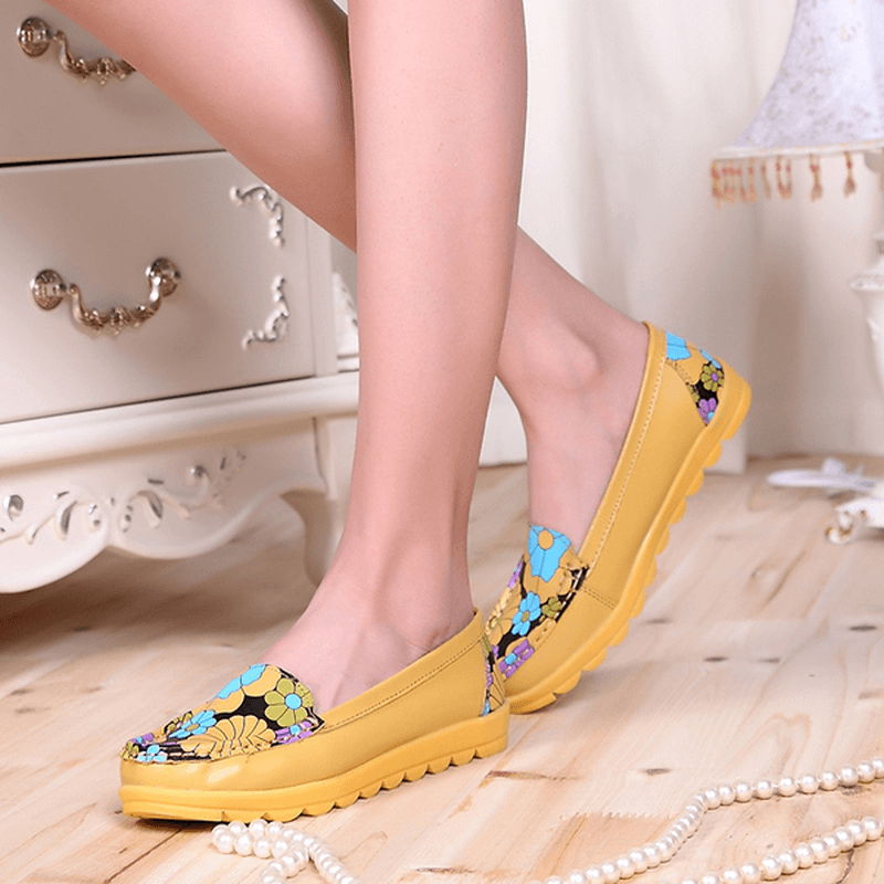 Women Fashion Casual Comfortable Soft Breathable Flower Leather round Toe Flat Loafer Shoes - MRSLM