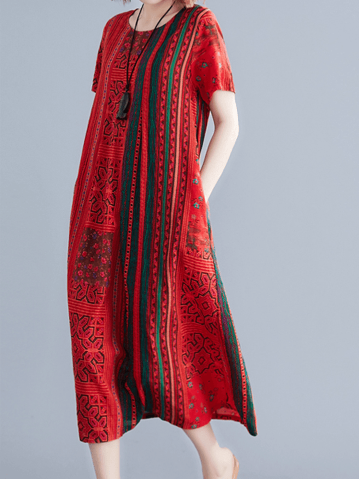 Ethnic Stripe Print Short Sleeve Vintage Dress - MRSLM