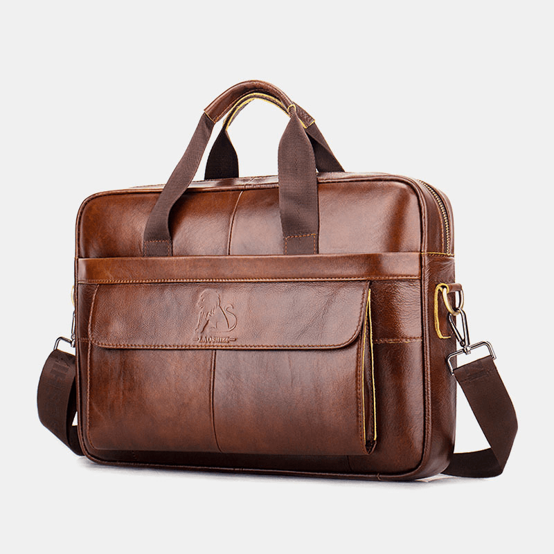 Men Genuine Leather Retro Business Multi-Function 13 Inch Laptop Bag Handbag Briefcase Crossbody Bag - MRSLM
