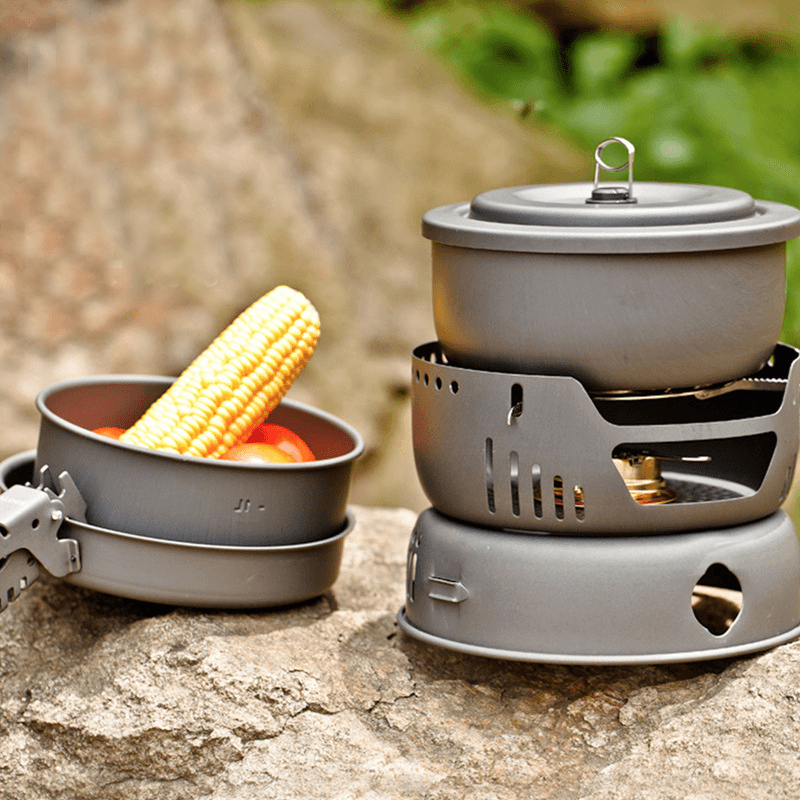 ALOCS CW-C05 10Pcs/Set 2-4 Person Outdoor Cookware Camping Alcohol Cooking Stove Cook Set for Camping Hiking Picnic Stove with Gripper Pot - MRSLM