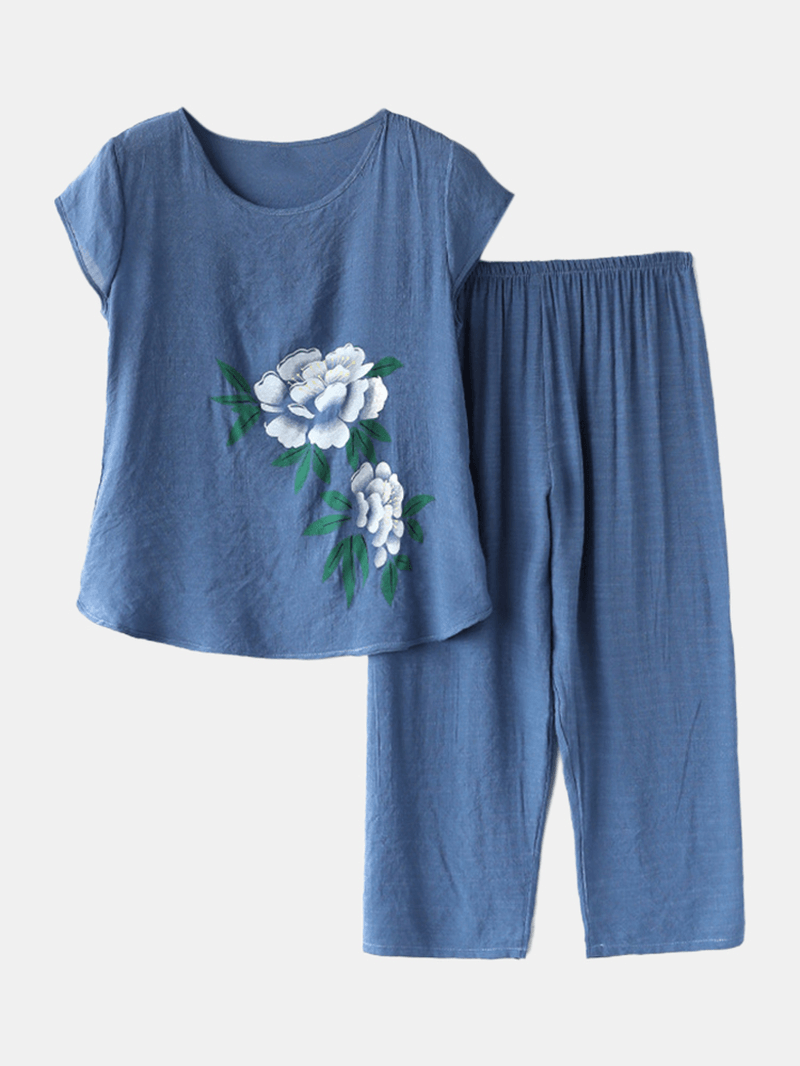 Women Flowers Print plus Size Pajamas Loose Short Sleeve Loungewear - MRSLM