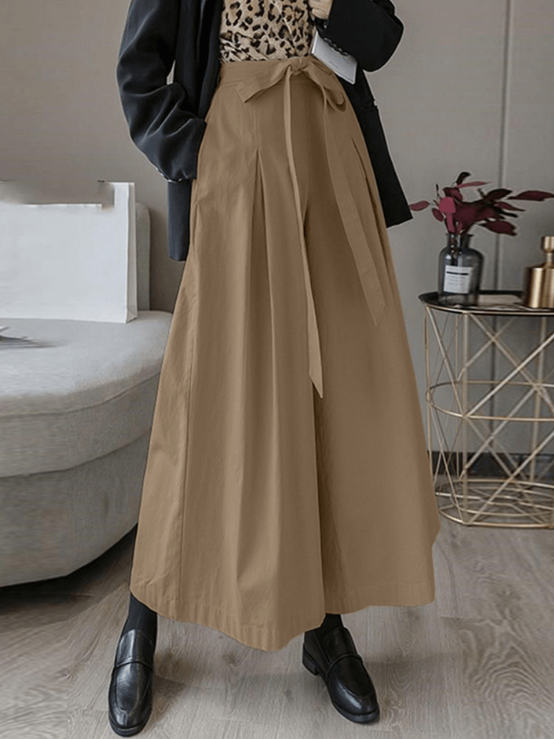 Women Solid Color Tie Front Casual Wide Leg Pants with Pocket - MRSLM