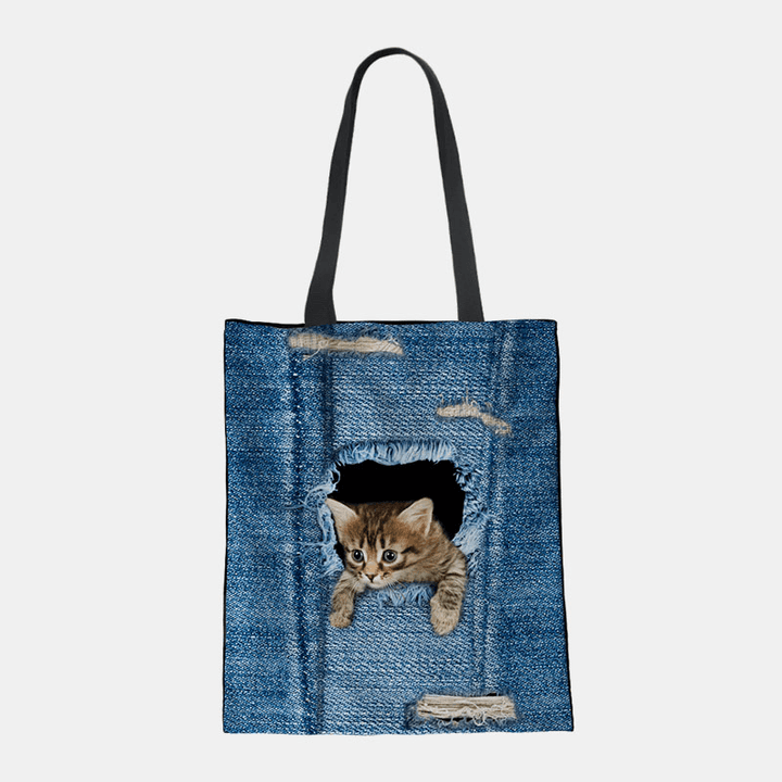 Women Canvas Breaking Hole Denim 3D Cute Cat Dog Pattern Casual Outdoor Handbag Shoulder Bag Tote - MRSLM