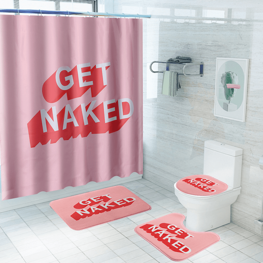 Shower Curtain Set Bathroom Non-Slip Toilet Mat Cover Rug Pink - MRSLM