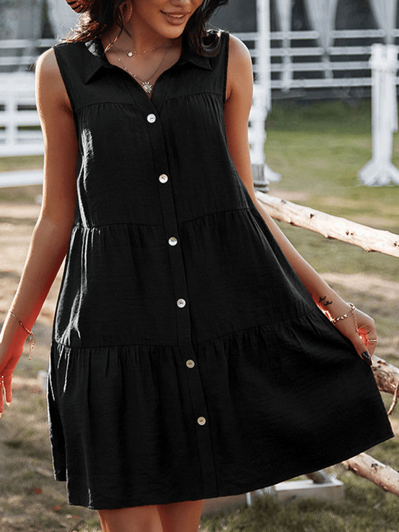Solid Color Lapel Sleeveless Button Loose Casual Dress for Women - MRSLM