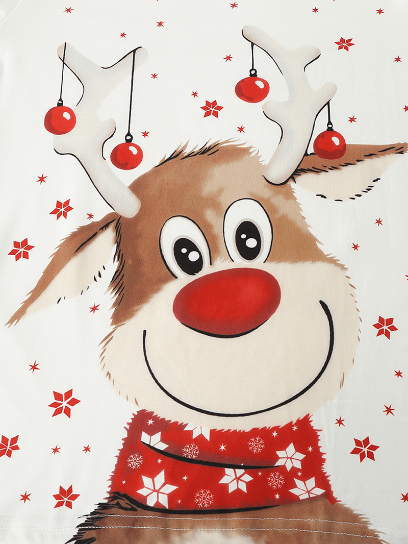 Mens Christmas Cartoon Elk Print round Neck Top Plaid Pants Home Loose Pajamas Set - MRSLM