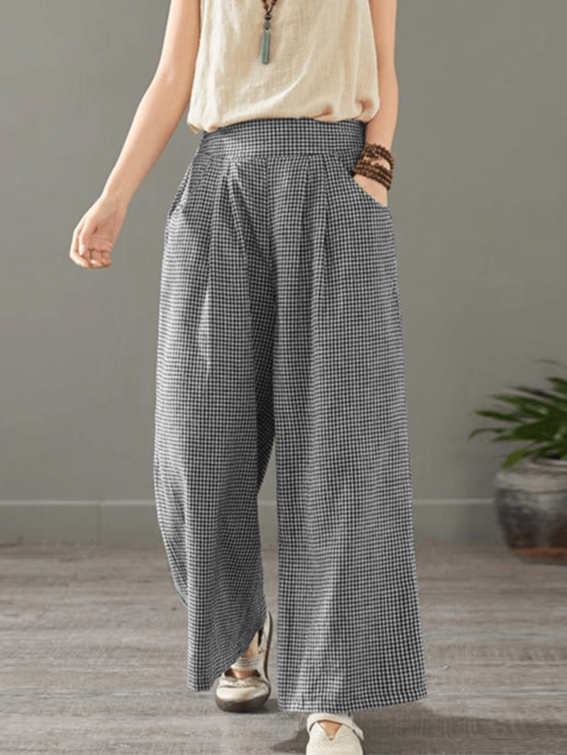 Women Plaid Print Elastic Waist Vintage Casual Loose Wide Leg Pants with Pockets - MRSLM