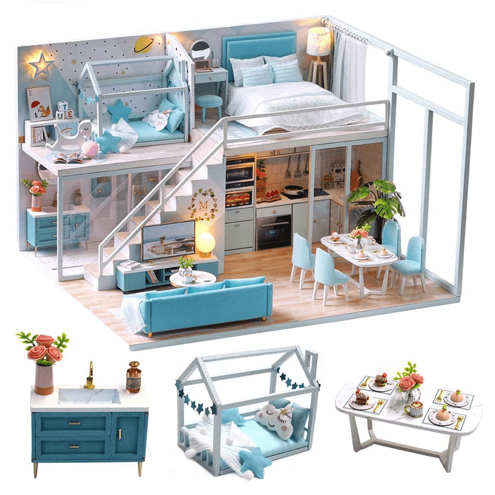 Creative DIY Handmade Assemble Doll House Miniature Furniture Kit with Music Movement LED Effect Dust Proof Cover Toy for Kids Birthday Xmas Gift House Decoration - MRSLM