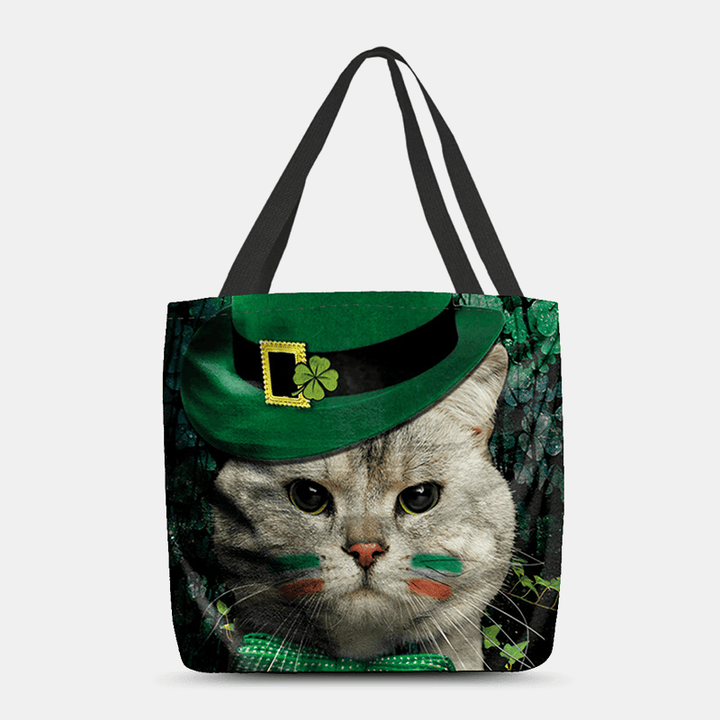 Women Clover Cat Pattern Print Happy St Patrick Day Shoulder Bag Handbag Tote - MRSLM