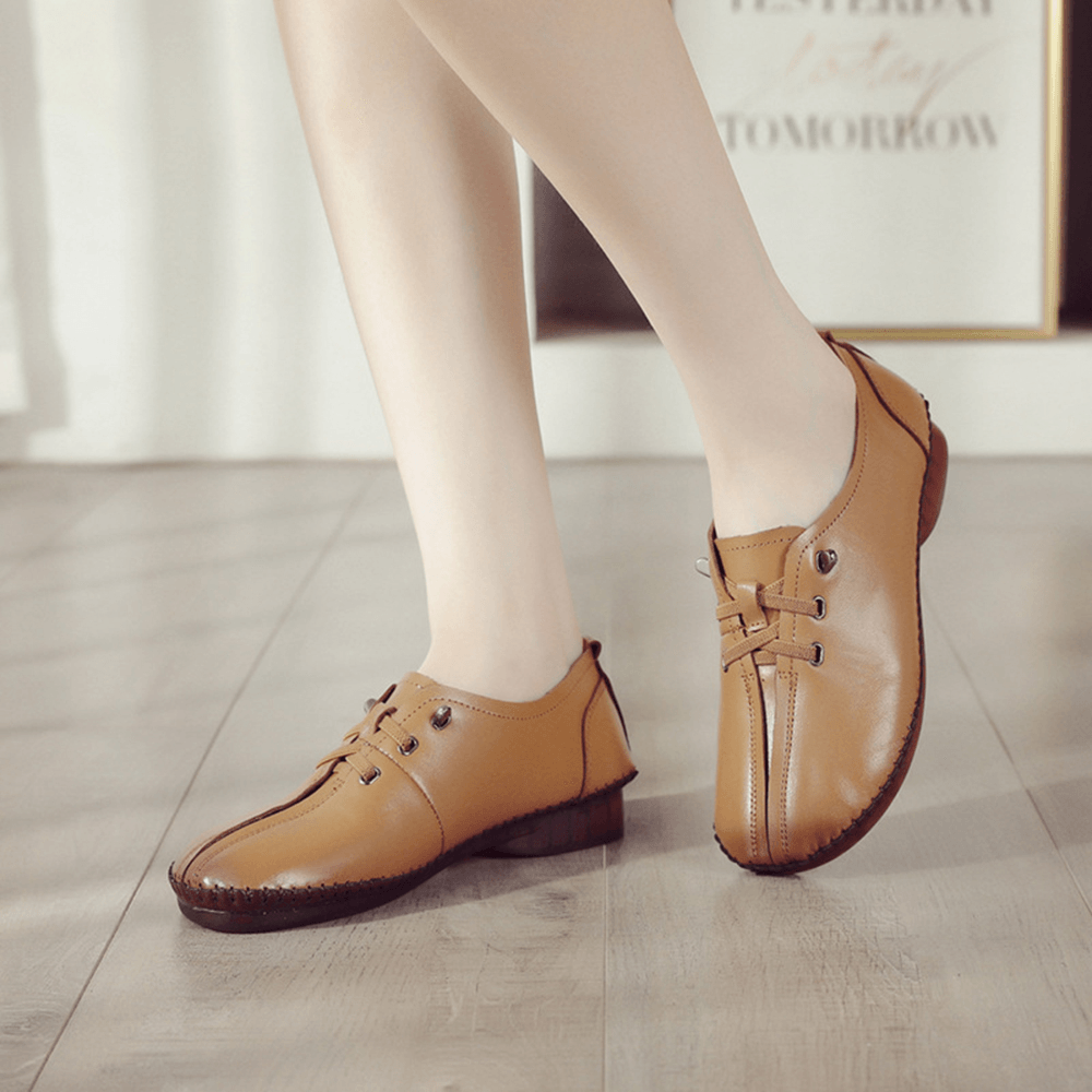Women Comfy Stitching Genuine Leather Soft Lace up Flats Loafters - MRSLM