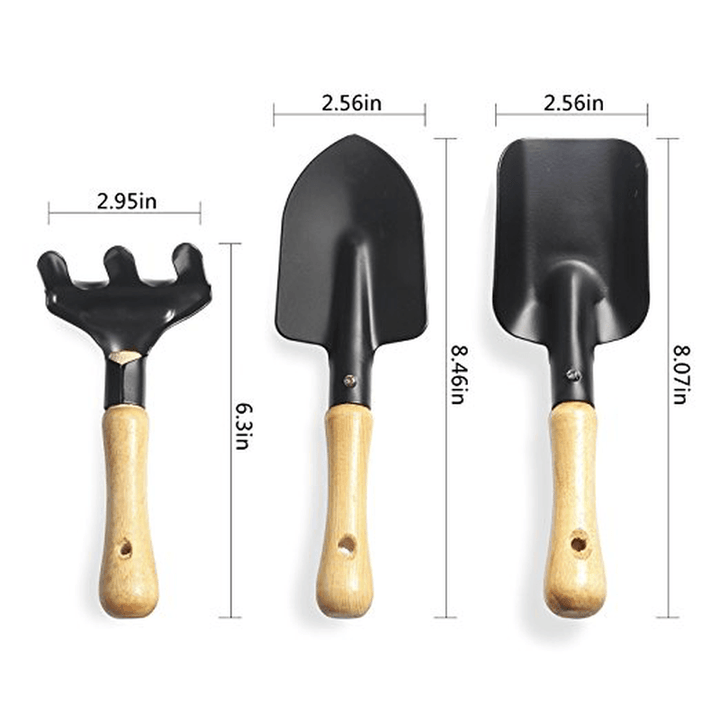 3Pcs Mini Hand Garden Tool Set Plant Gardening Shovel Spade Rake Trowel Wood Handle Metal Head - MRSLM