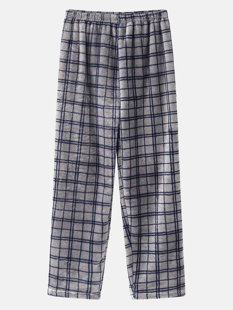 Mens Cute Panda Letter Embroidery Grid Stitching O-Neck Flannel Warm Pajamas Sets - MRSLM